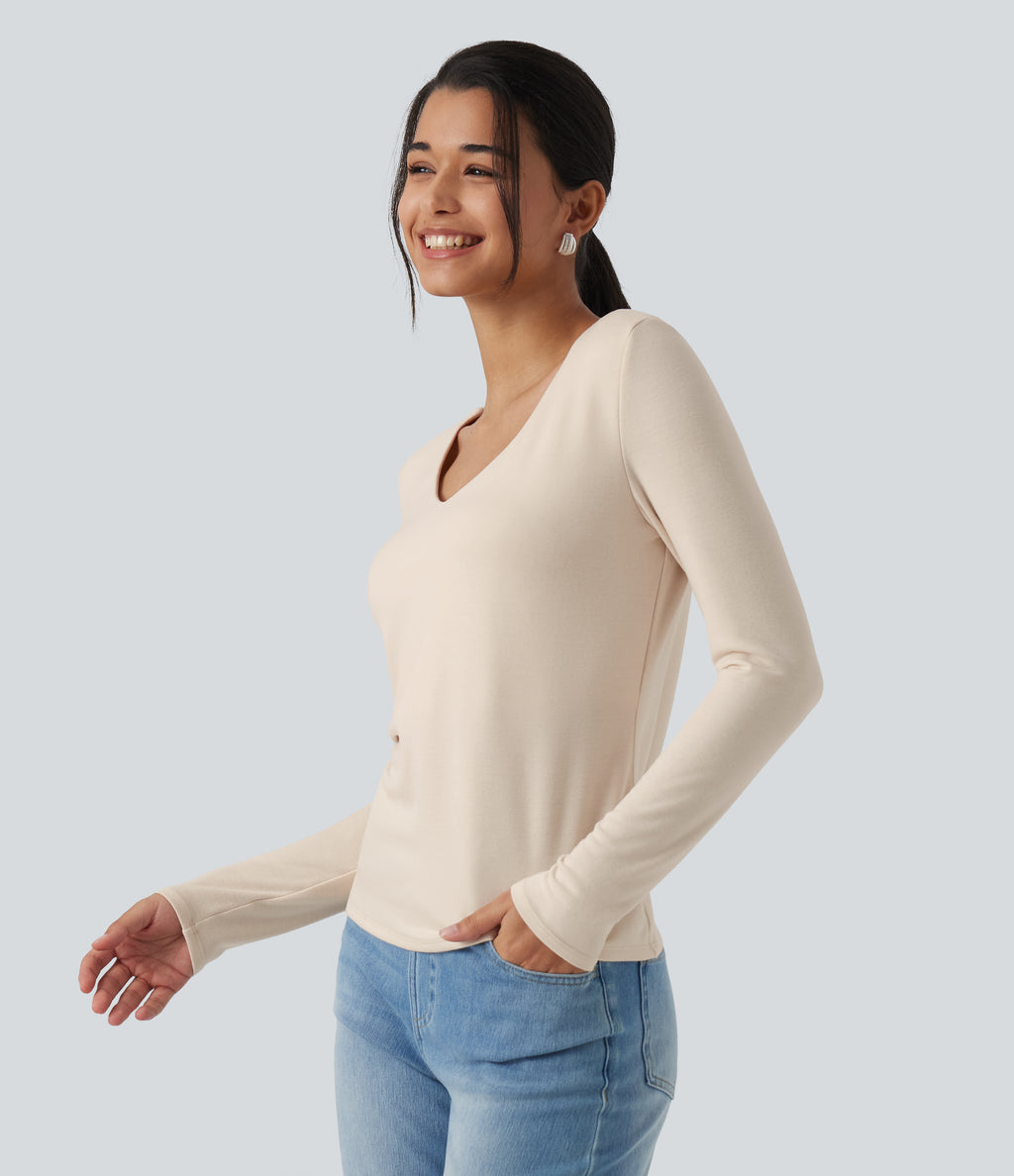 HeatCore V Neck Long Sleeve Casual Warming Top — Whitecap Gray — view 3