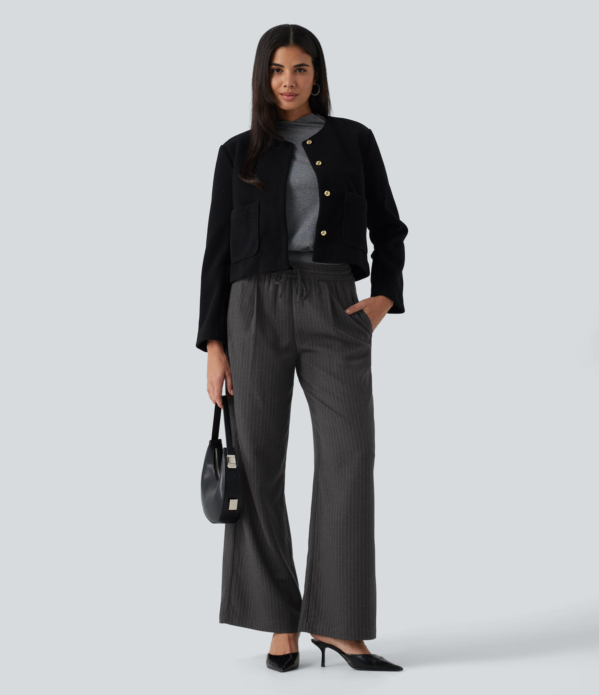 Mid Rise Drawstring Striped Baggy Casual Trousers with Pockets — Night Smoke Stripe — view 5