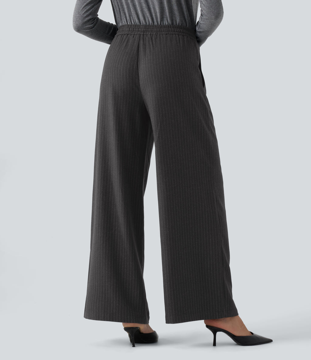 Mid Rise Drawstring Striped Baggy Casual Trousers with Pockets — Night Smoke Stripe — view 2