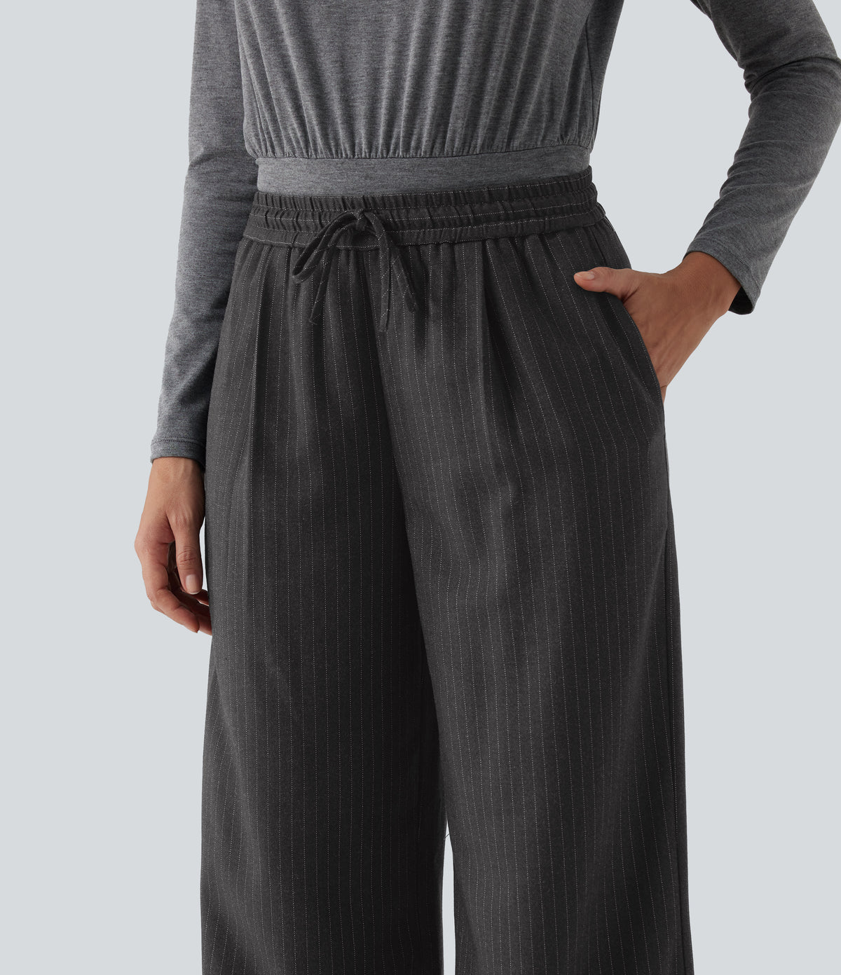 Mid Rise Drawstring Striped Baggy Casual Trousers with Pockets — Night Smoke Stripe — view 4