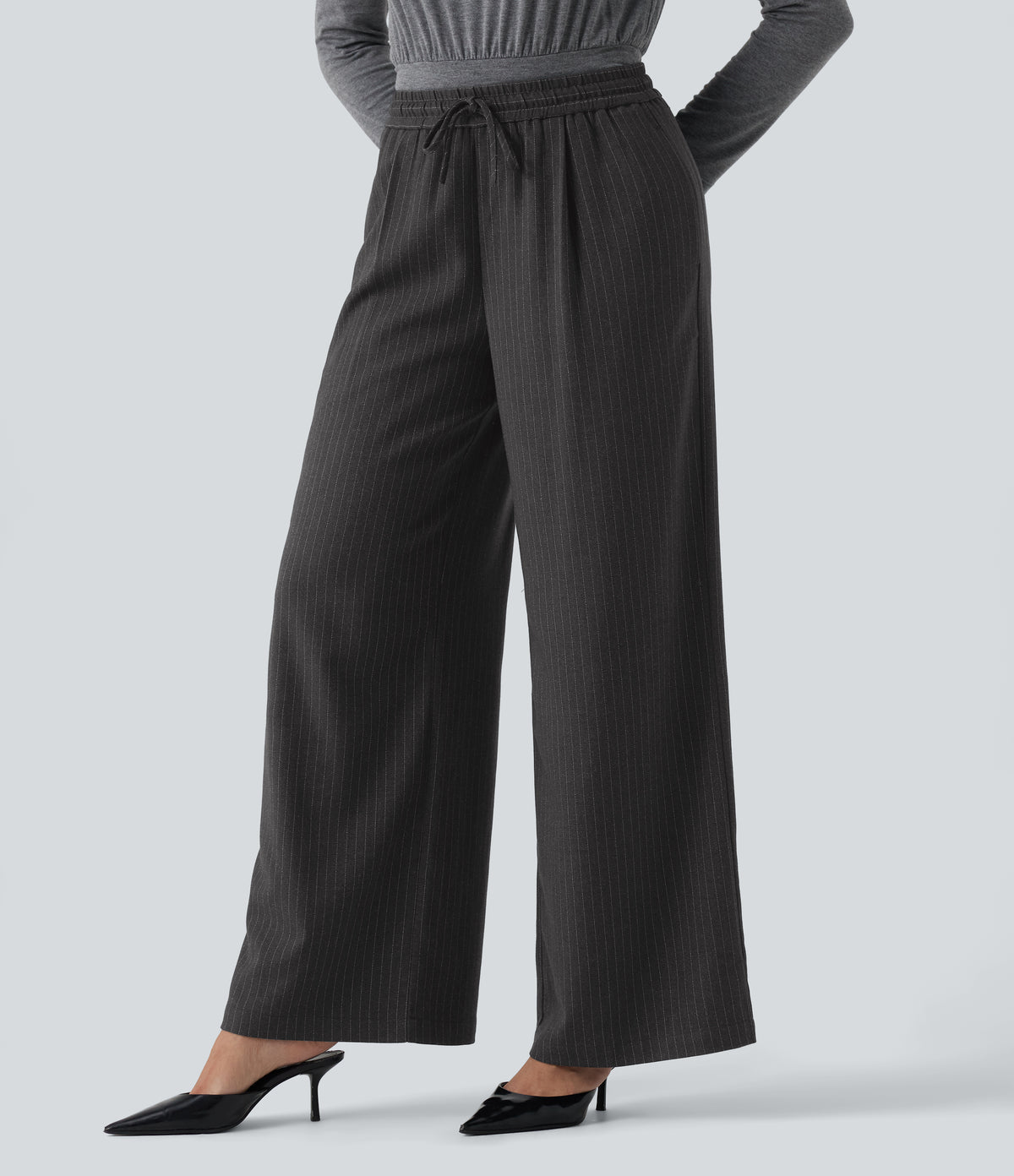 Mid Rise Drawstring Striped Baggy Casual Trousers with Pockets — Night Smoke Stripe — view 3