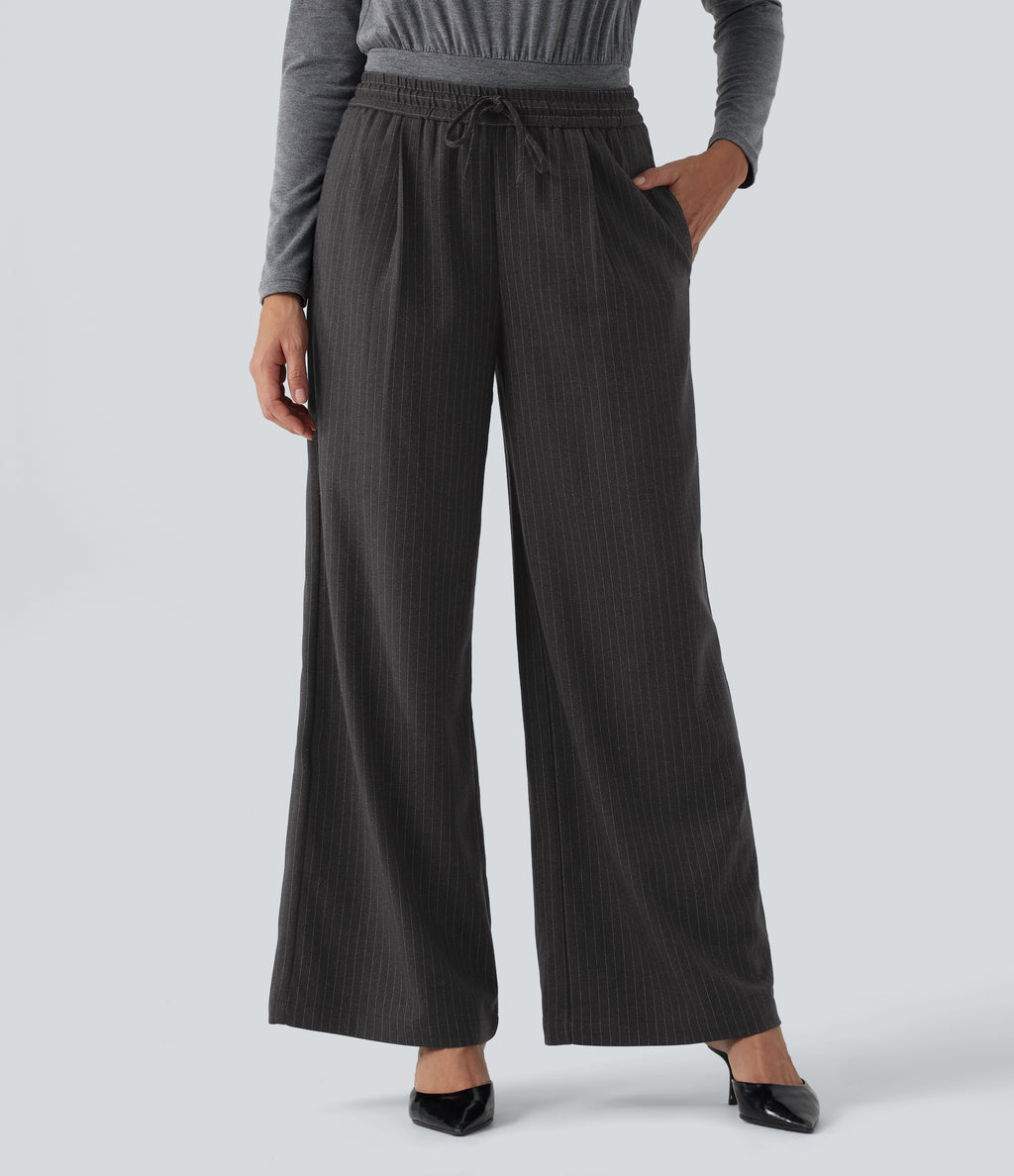 Mid Rise Drawstring Striped Baggy Casual Trousers with Pockets — Night Smoke Stripe — view 1