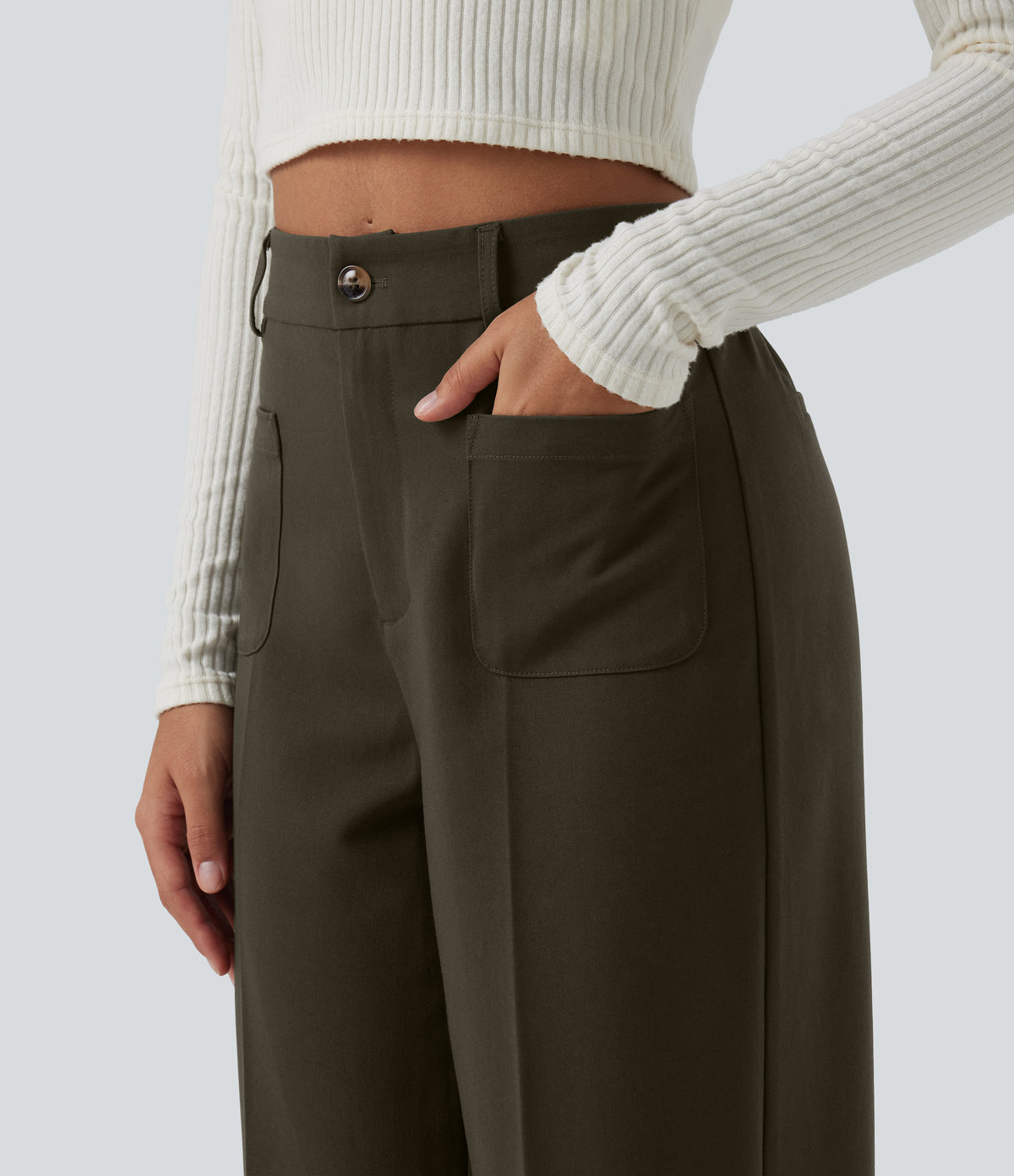 High Waisted Straight Leg Work Trousers with Pockets — Forest Night — view 5