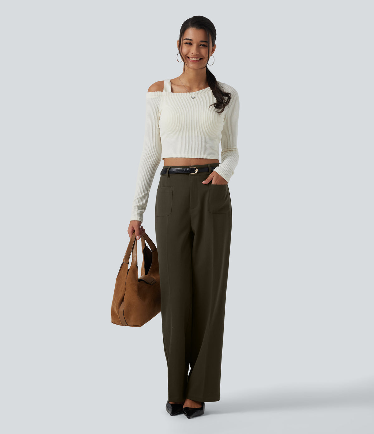 High Waisted Straight Leg Work Trousers with Pockets — Forest Night — view 4