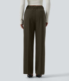 High Waisted Straight Leg Work Trousers with Pockets — Forest Night — view 3