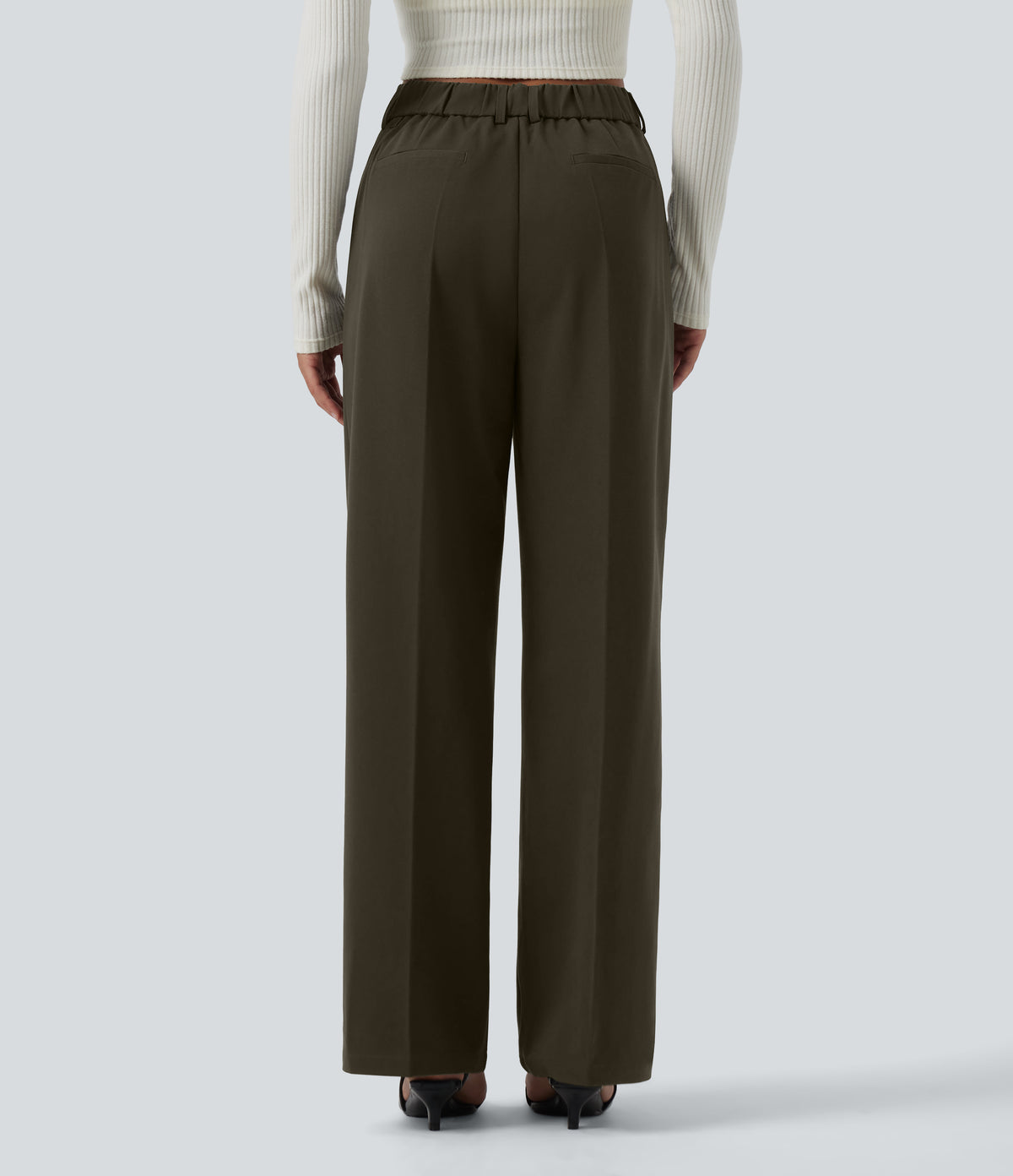 High Waisted Straight Leg Work Trousers with Pockets — Forest Night — view 3