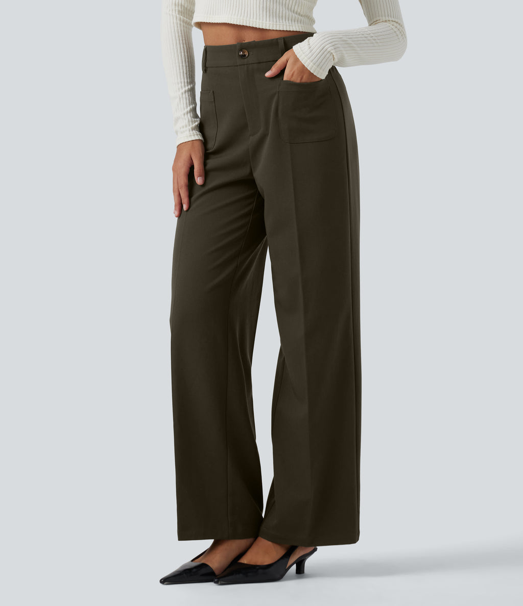 High Waisted Straight Leg Work Trousers with Pockets — Forest Night — view 1