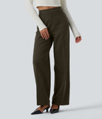 High Waisted Straight Leg Work Trousers with Pockets — Forest Night — view 2