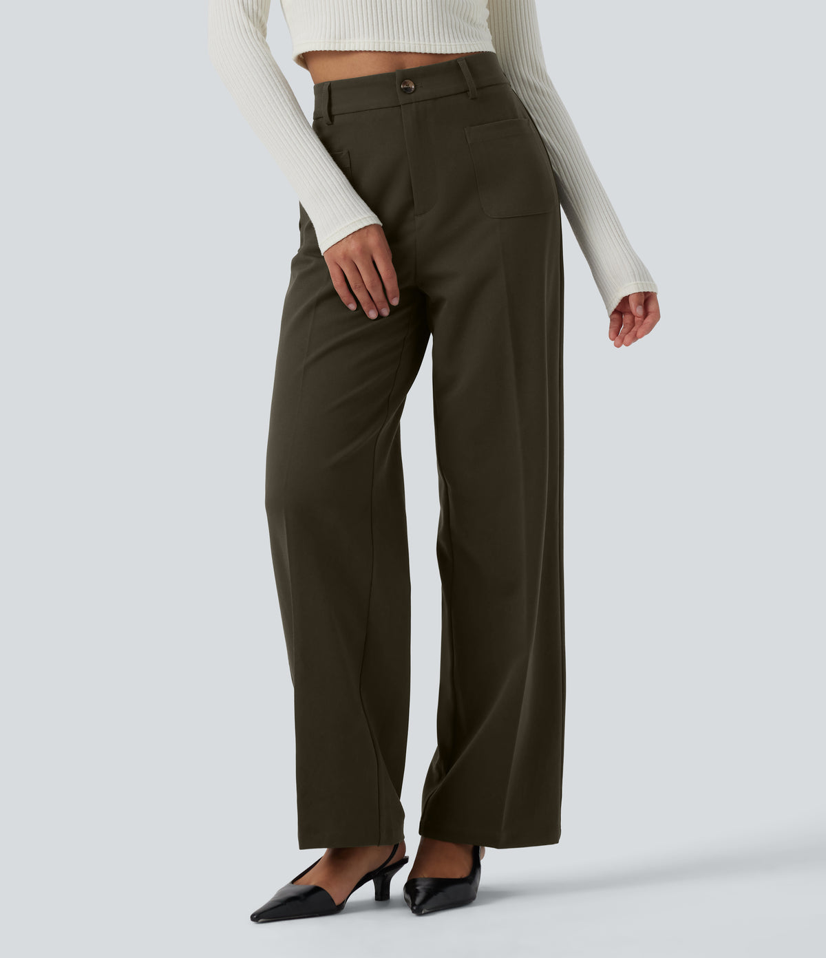 High Waisted Straight Leg Work Trousers with Pockets — Forest Night — view 2