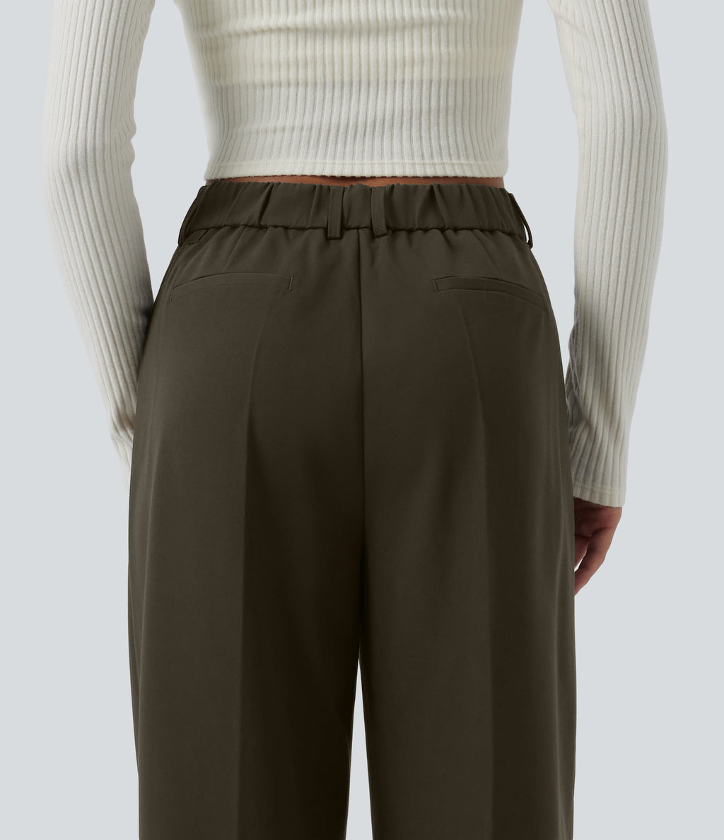 High Waisted Straight Leg Work Trousers with Pockets — Forest Night — view 6