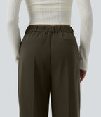 High Waisted Straight Leg Work Trousers with Pockets — Forest Night — view 6