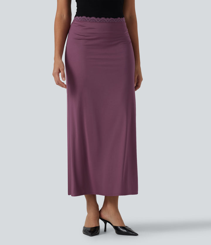 Mid Rise Contrast Lace Stretchy Satin-Like InstantCool Maxi Party Pencil Skirt — Amaranth — view 1
