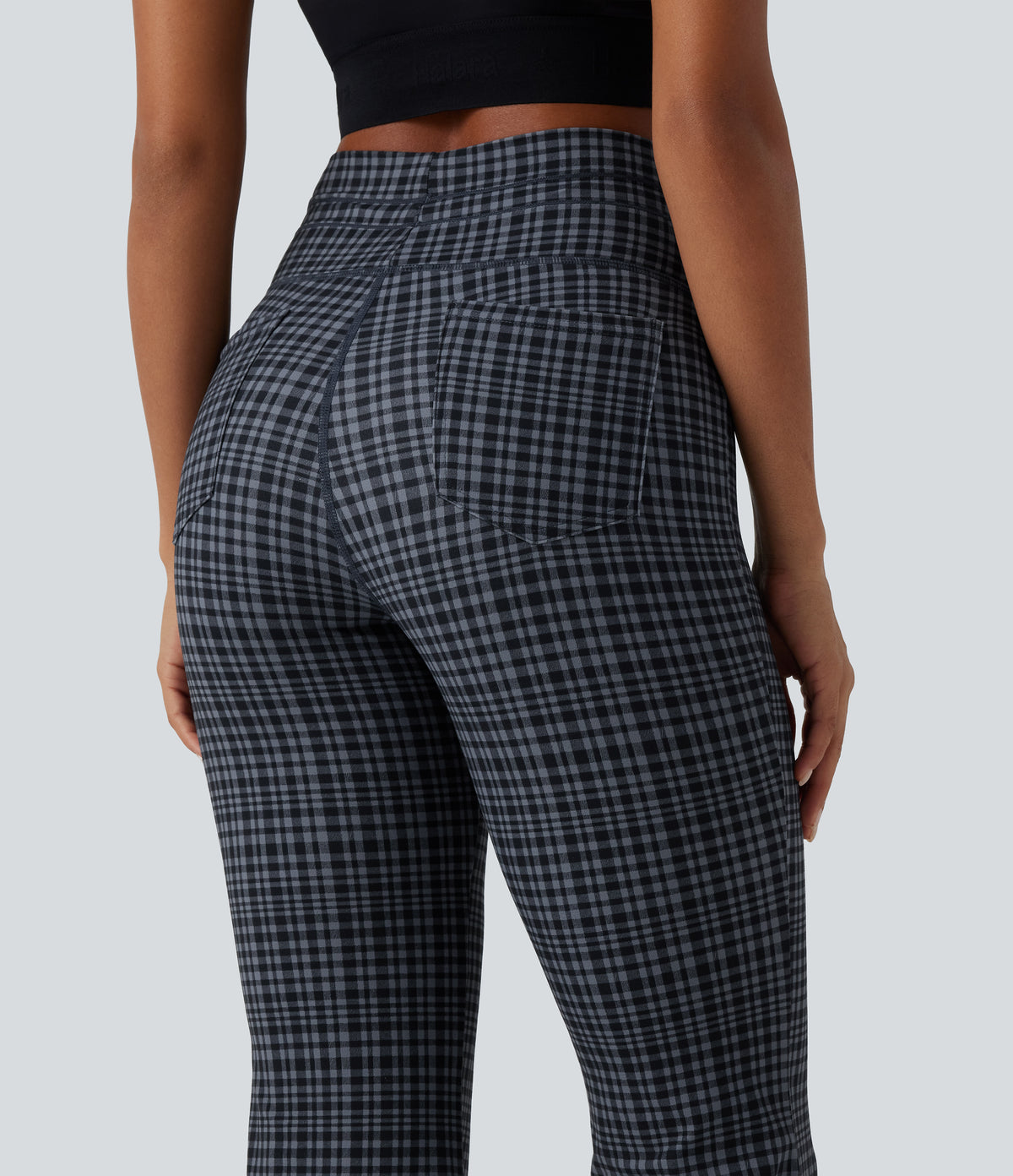 High Waisted Drawstring Plaid InstantCool Light Support Bootcut Yoga Trousers with Pockets — Storm Gray Check Plaid — view 6