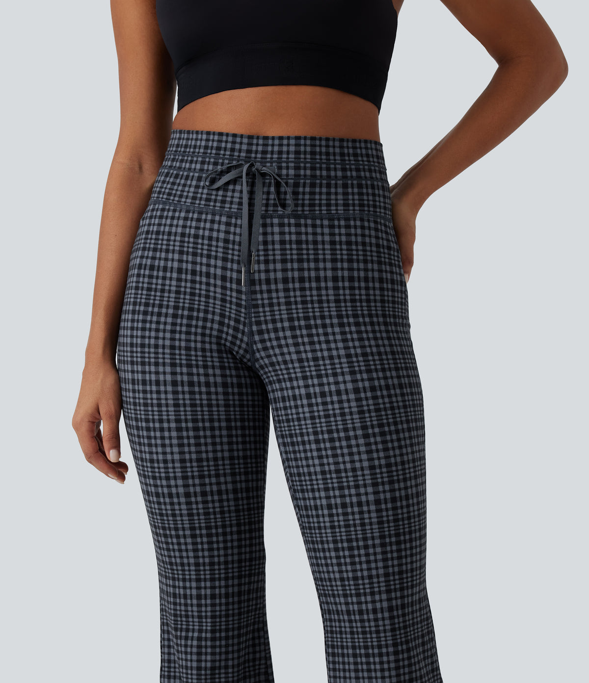 High Waisted Drawstring Plaid InstantCool Light Support Bootcut Yoga Trousers with Pockets — Storm Gray Check Plaid — view 5