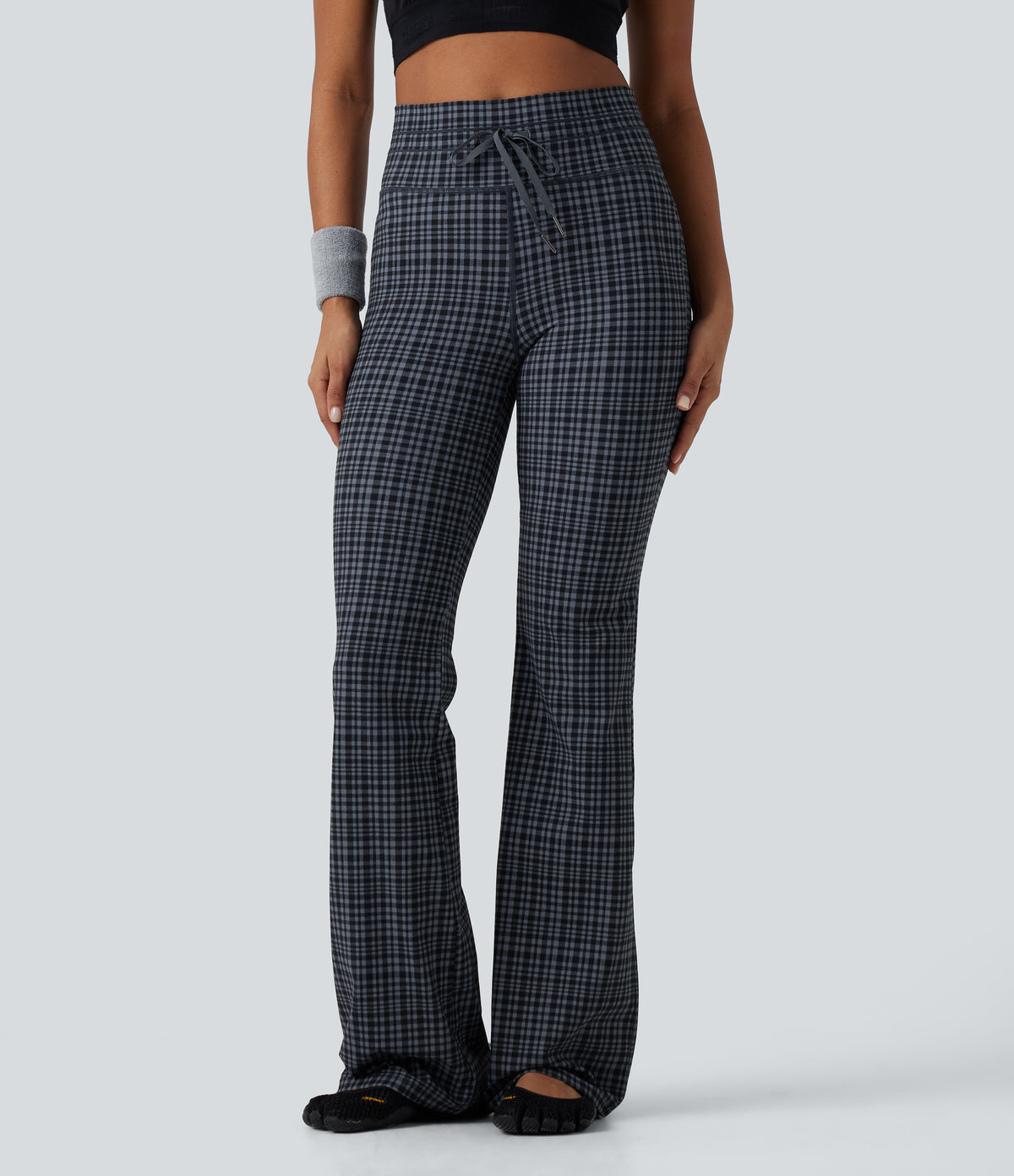 High Waisted Drawstring Plaid InstantCool Light Support Bootcut Yoga Trousers with Pockets — Storm Gray Check Plaid — view 2