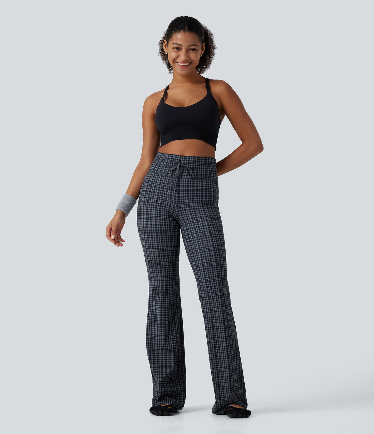 High Waisted Drawstring Plaid InstantCool Light Support Bootcut Yoga Trousers with Pockets — Storm Gray Check Plaid — view 4