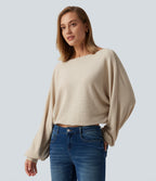 Ribbed Knit Boat Neck Long Sleeve V Back Casual Top — Whipped Taupe — view 3