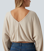 Ribbed Knit Boat Neck Long Sleeve V Back Casual Top — Whipped Taupe — view 5