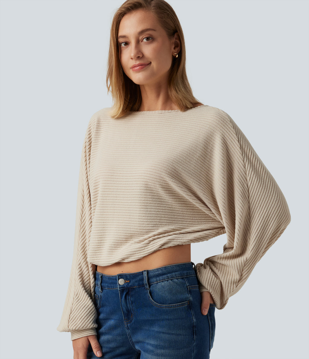 Ribbed Knit Boat Neck Long Sleeve V Back Casual Top — Whipped Taupe — view 1