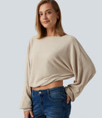 Ribbed Knit Boat Neck Long Sleeve V Back Casual Top — Whipped Taupe — view 1