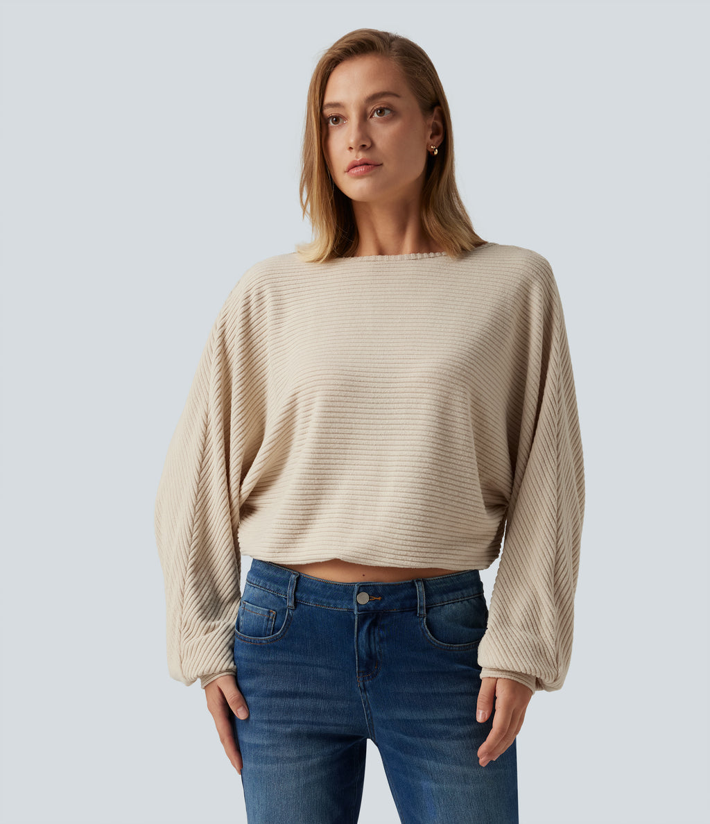 Ribbed Knit Boat Neck Long Sleeve V Back Casual Top — Whipped Taupe — view 4