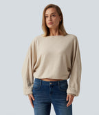 Ribbed Knit Boat Neck Long Sleeve V Back Casual Top — Whipped Taupe — view 4
