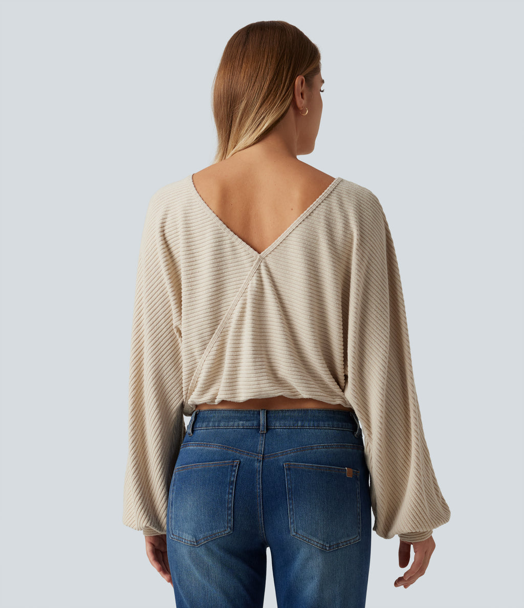 Ribbed Knit Boat Neck Long Sleeve V Back Casual Top — Whipped Taupe — view 2