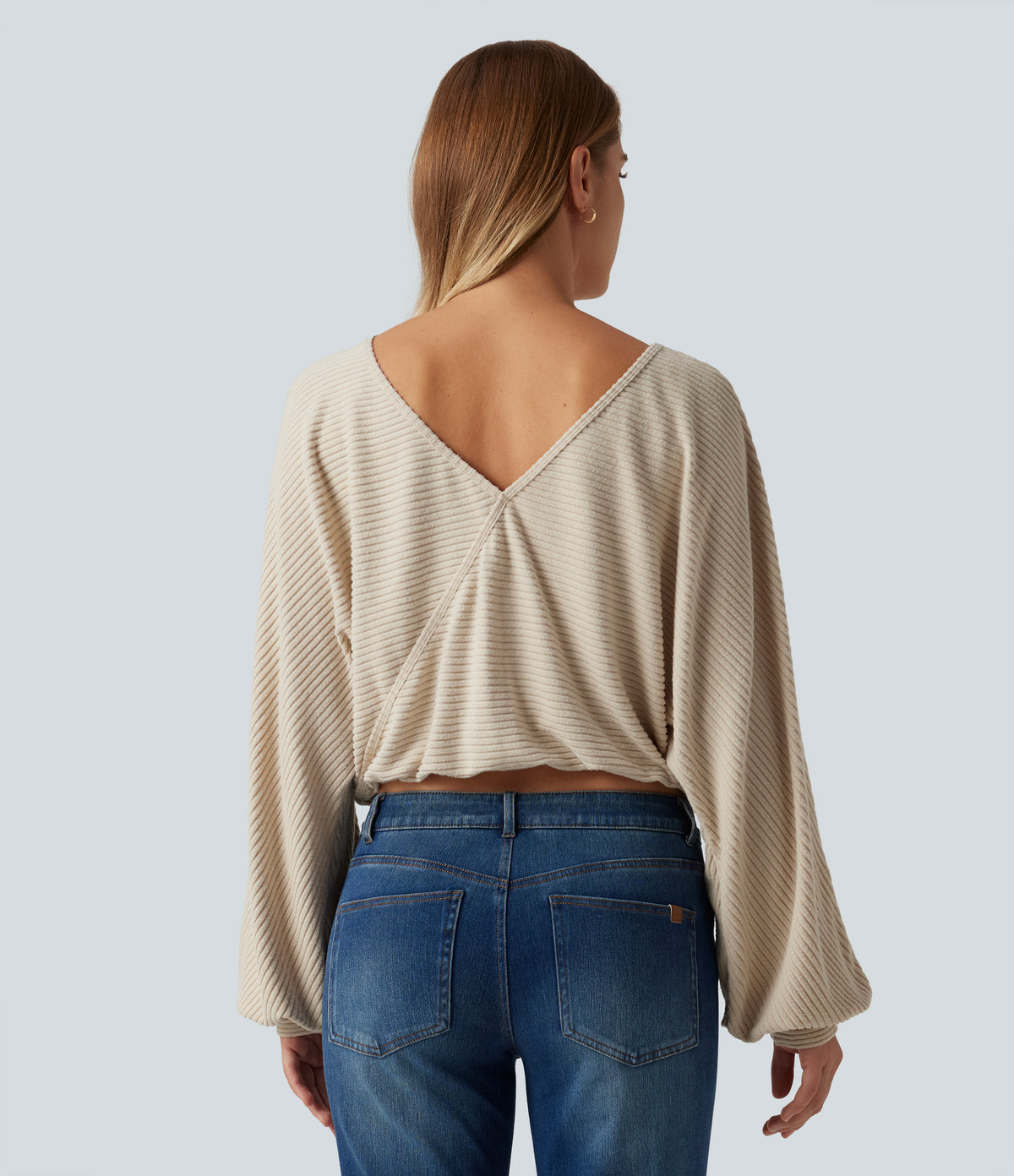 Ribbed Knit Boat Neck Long Sleeve V Back Casual Top — Whipped Taupe — view 2