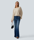 Ribbed Knit Boat Neck Long Sleeve V Back Casual Top — Whipped Taupe — view 7