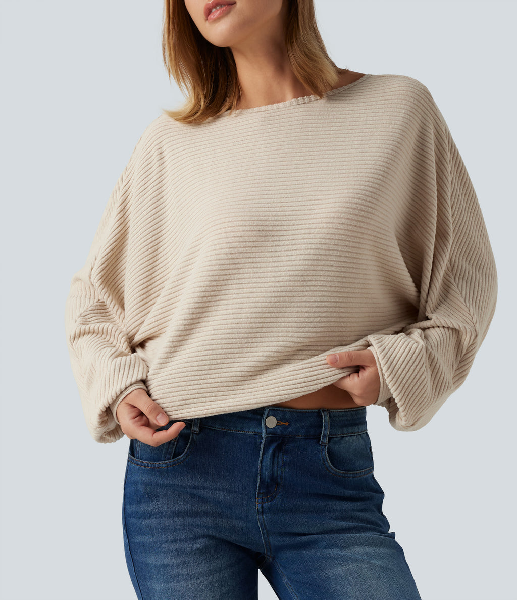 Ribbed Knit Boat Neck Long Sleeve V Back Casual Top — Whipped Taupe — view 6