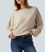 Ribbed Knit Boat Neck Long Sleeve V Back Casual Top — Whipped Taupe — view 6