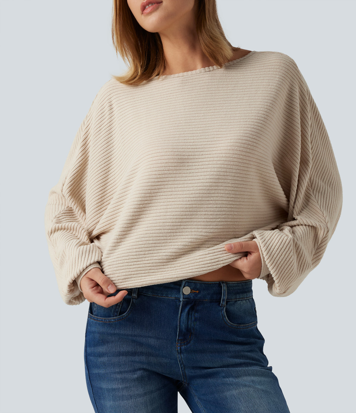 Ribbed Knit Boat Neck Long Sleeve V Back Casual Top — Whipped Taupe — view 6