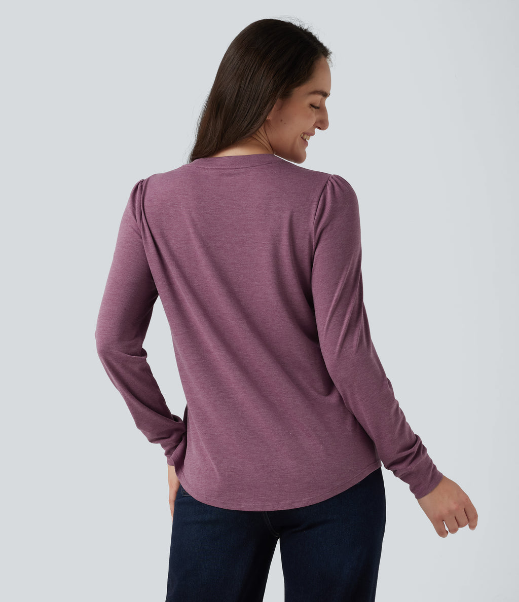 V Neck Long Sleeve Heathered Casual Top — Red Violet Floral Yarn — view 2
