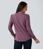 V Neck Long Sleeve Heathered Casual Top — Red Violet Floral Yarn — view 2