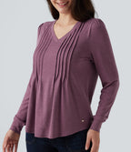 V Neck Long Sleeve Heathered Casual Top — Red Violet Floral Yarn — view 5