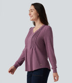 V Neck Long Sleeve Heathered Casual Top — Red Violet Floral Yarn — view 3