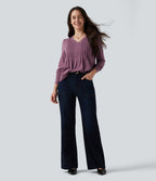 V Neck Long Sleeve Heathered Casual Top — Red Violet Floral Yarn — view 7