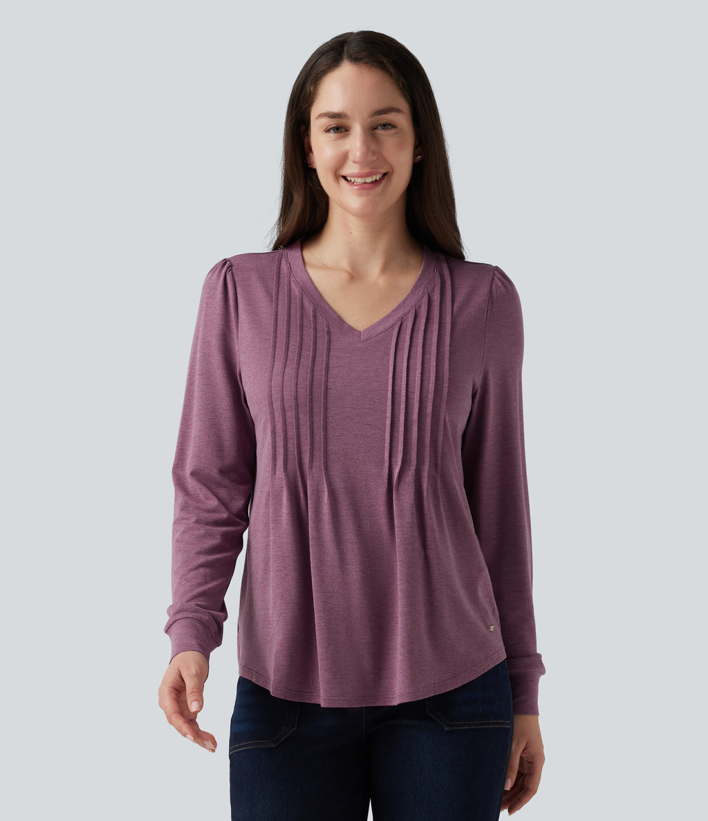 V Neck Long Sleeve Heathered Casual Top — Red Violet Floral Yarn — view 4