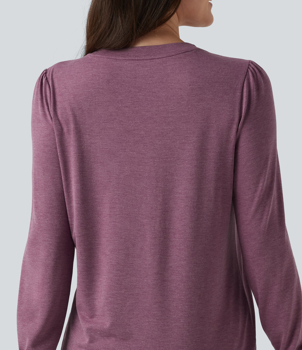 V Neck Long Sleeve Heathered Casual Top — Red Violet Floral Yarn — view 6