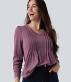 V Neck Long Sleeve Heathered Casual Top — Red Violet Floral Yarn — view 1