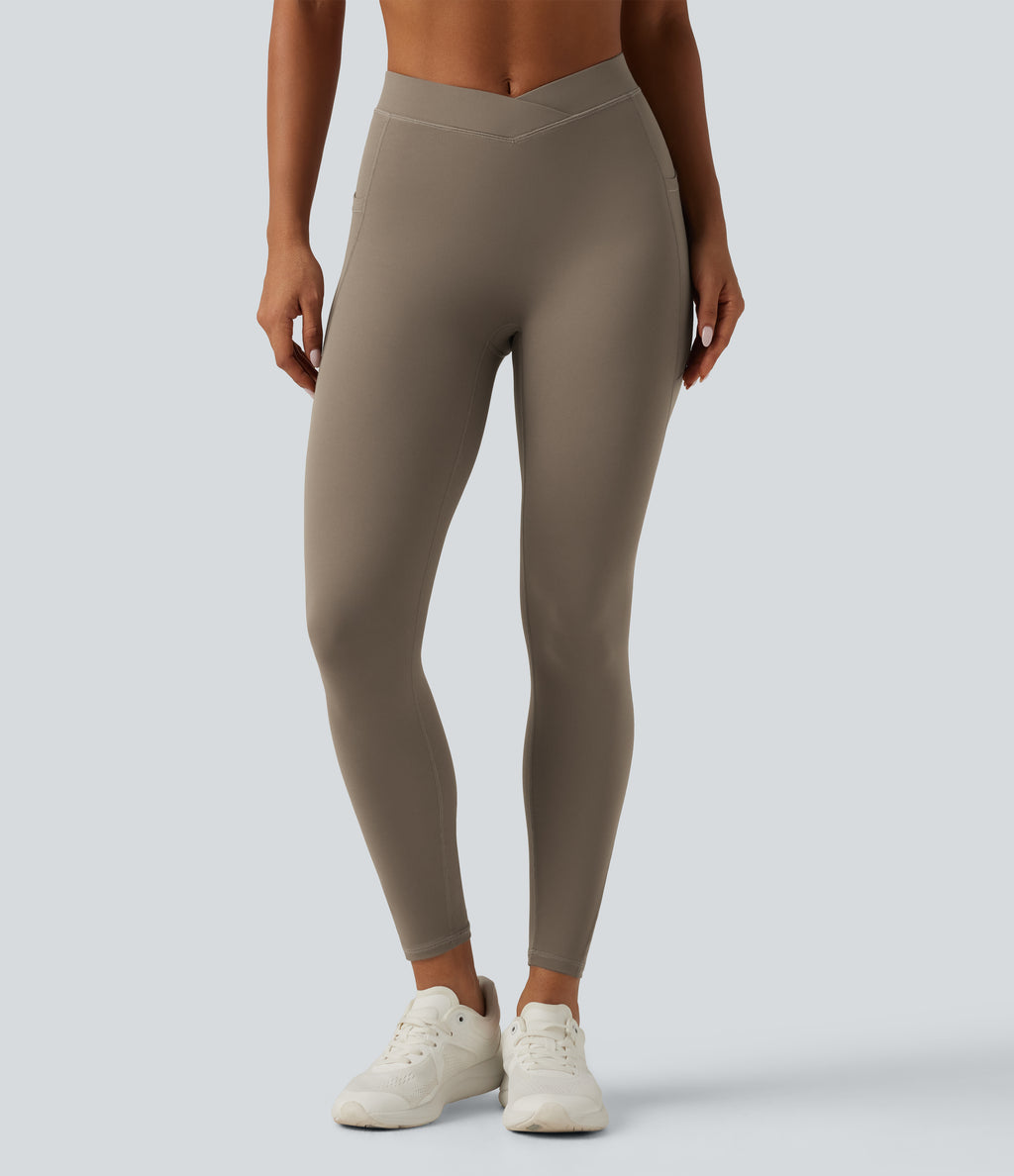 Mid Rise Crossover InstantCool Quick Dry Running Leggings with Pockets — Hay Brown — view 3