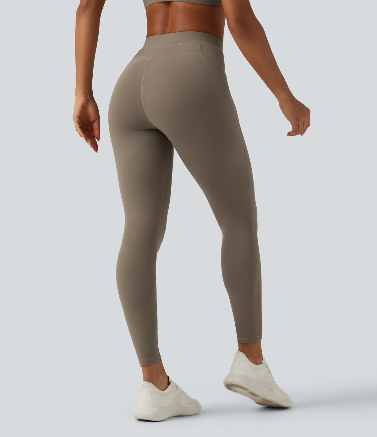 Mid Rise Crossover InstantCool Quick Dry Running Leggings with Pockets — Hay Brown — view 2
