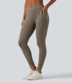 Mid Rise Crossover InstantCool Quick Dry Running Leggings with Pockets — Hay Brown — view 1