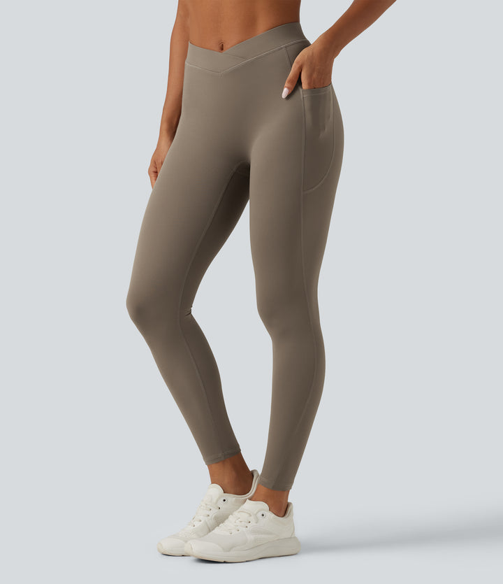 Mid Rise Crossover InstantCool Quick Dry Running Leggings with Pockets — Hay Brown — view 1