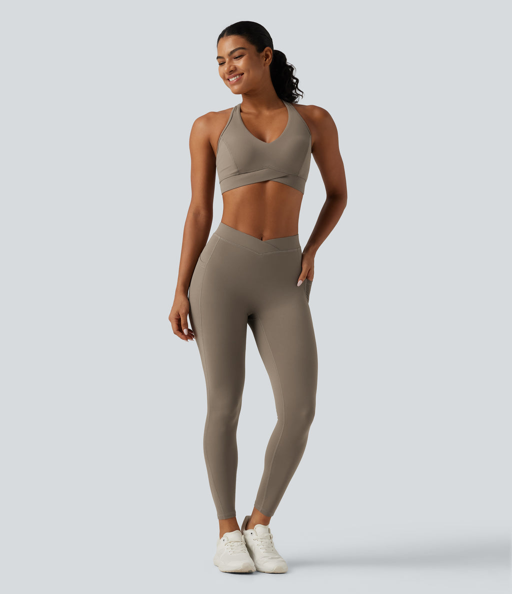 Mid Rise Crossover InstantCool Quick Dry Running Leggings with Pockets — Hay Brown — view 7