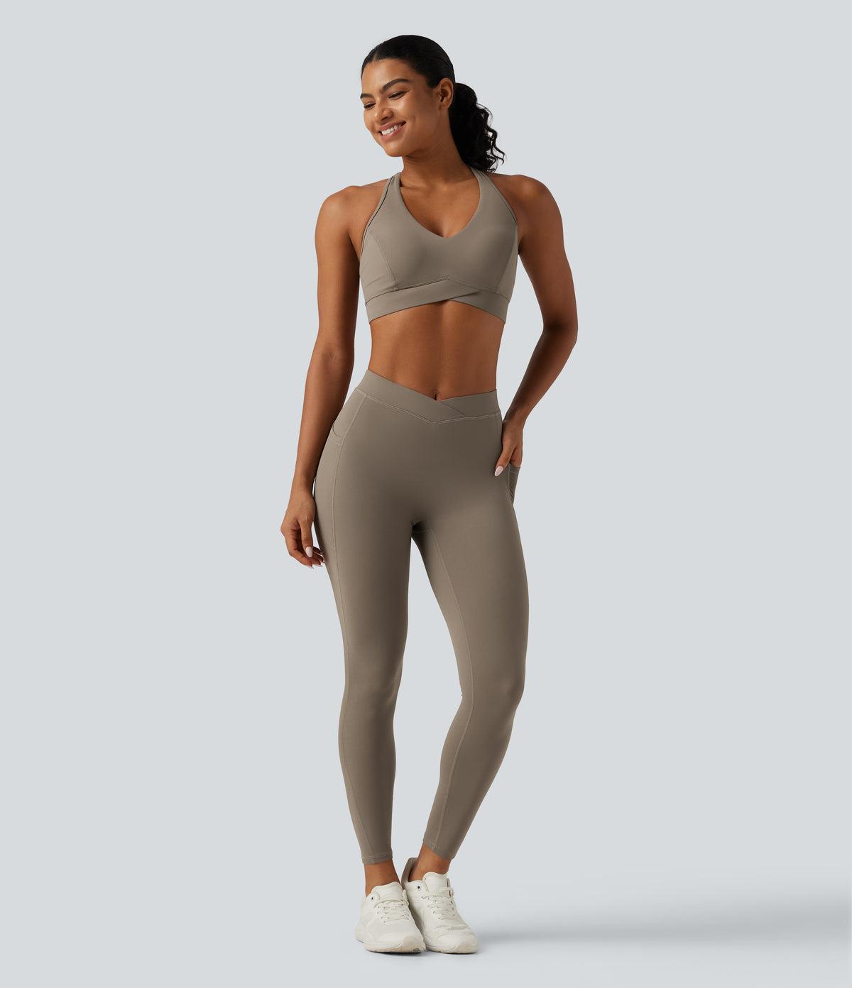 Mid Rise Crossover InstantCool Quick Dry Running Leggings with Pockets — Hay Brown — view 7