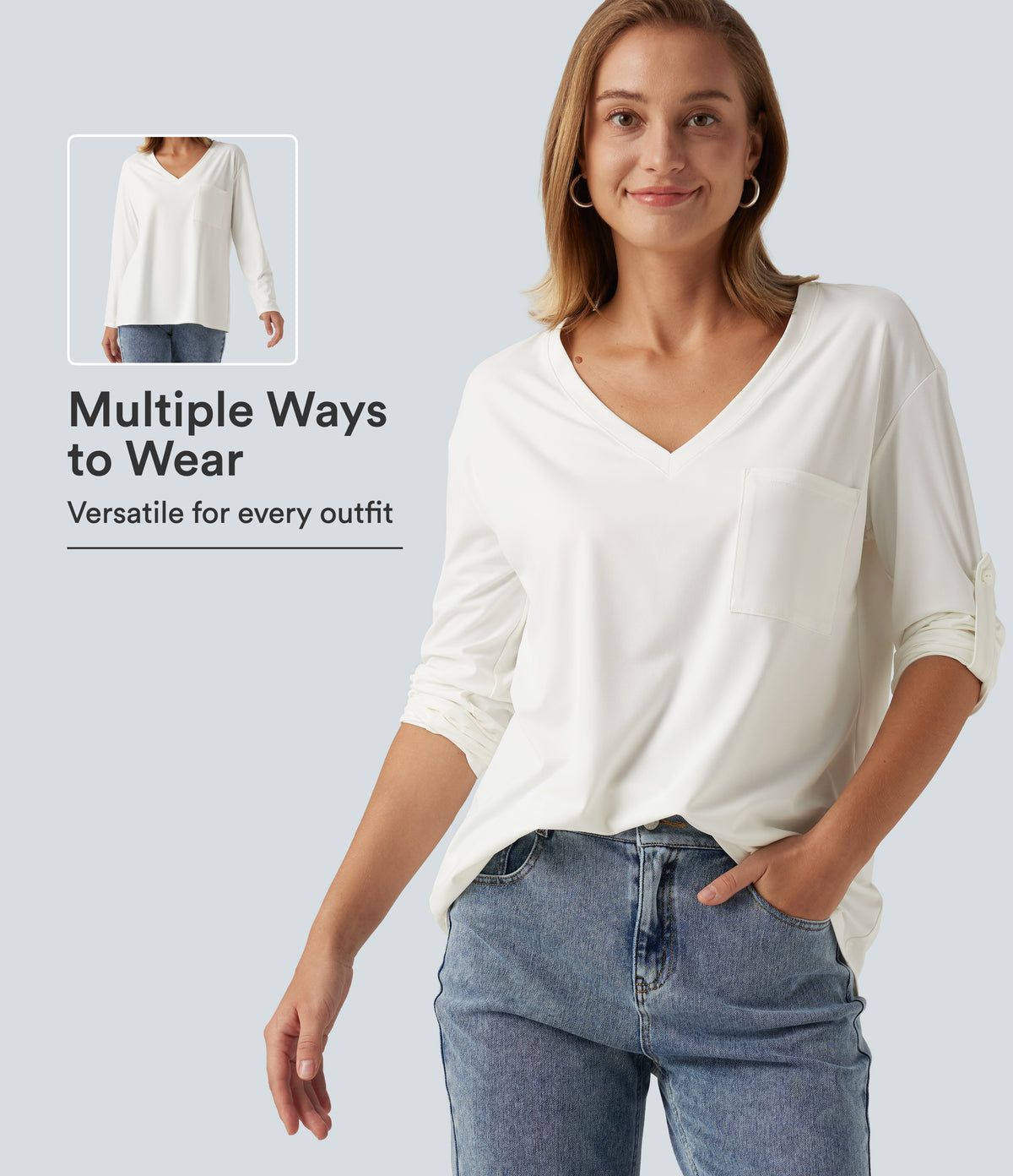 V Neck Long Sleeve Casual T-Shirt with Pocket — White — view 1