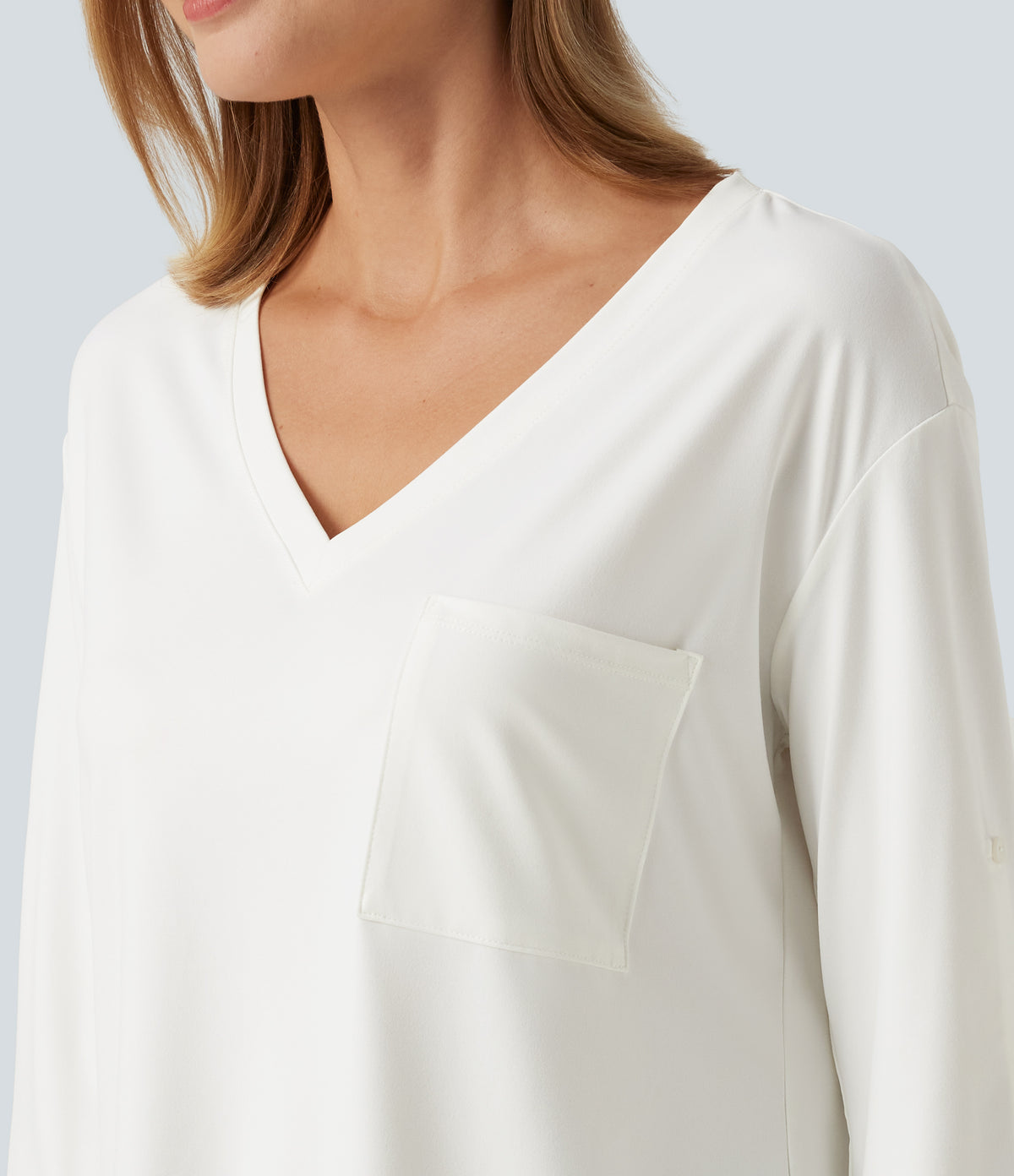 V Neck Long Sleeve Casual T-Shirt with Pocket — White — view 6