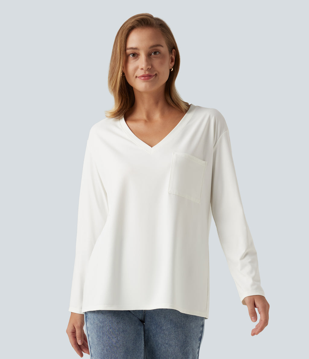 V Neck Long Sleeve Casual T-Shirt with Pocket — White — view 4