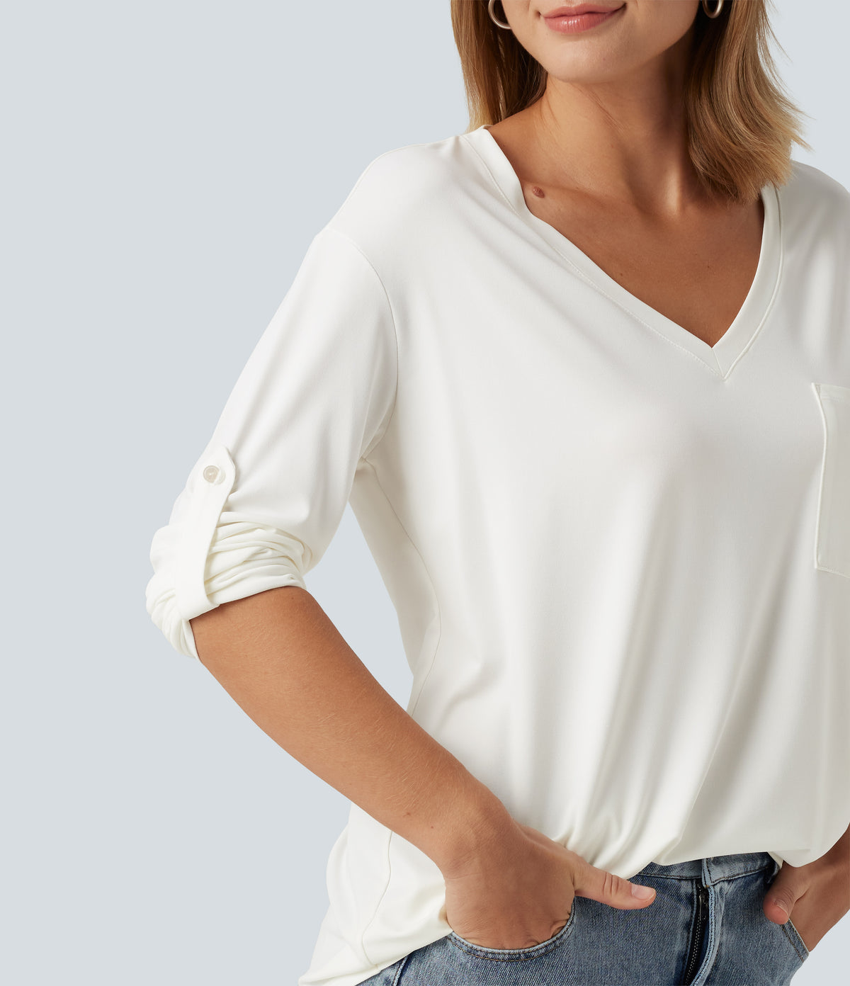 V Neck Long Sleeve Casual T-Shirt with Pocket — White — view 5
